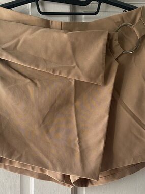 High-Waist Tan Wrap Mini Skort with Silver O-Ring